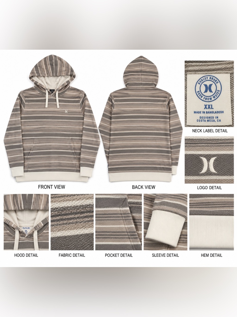 Hurley Striped Lightweight Terry Hoodie Hazelnut Men’s XXL